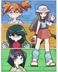  4girls :d ;d absurdres black_eyes black_hair blue_shirt blue_socks breasts brown_eyes brown_hair closed_mouth commentary crabpinches english_commentary erika_(pokemon) green_hair hair_between_eyes hairband hat highres holding holding_poke_ball index_finger_raised leaf_(pokemon) looking_at_viewer misty_(pokemon) multiple_girls one_eye_closed open_mouth orange_hair poke_ball poke_ball_(basic) pokemon pokemon:_let's_go_pikachu!_and_let's_go_eevee! pokemon_center pokemon_firered_and_leafgreen pokemon_red/green/blue/yellow red_hairband red_skirt sabrina_(pokemon) shaded_face shirt shoes short_side_ponytail side_ponytail skirt sleeveless sleeveless_shirt smile socks white_hat white_shoes wristband yellow_eyes 