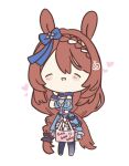  1girl animal_ears bag blue_bag blue_boots blue_dress blue_scarf blue_wrist_cuffs blush boots bow braid breasts brown_hair closed_eyes commentary dress ear_bow ear_ribbon english_commentary hair_between_eyes heart horse_ears horse_girl horse_tail long_hair multicolored_hair open_mouth scarf shoulder_bag smile solo streaked_hair super_creek_(murmuring_stream)_(umamusume) super_creek_(umamusume) tail ukichan22905846 umamusume very_long_hair white_hair wrist_cuffs 
