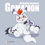  1:1 anthro balls bandai_namco blush claws cute_fangs digimon digimon_(species) erection foreskin genitals gomamon green_eyes hair lying male on_back penis red_hair solo takataka white_body 