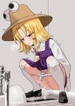  1girl absurdres black_shoes blonde_hair blush brown_hat closed_mouth commentary_request dress esujii_(sg_gush_wak) hat highres medium_hair moriya_suwako panties panty_pull pee peeing petite purple_dress pussy revision shirt shoes solo squat_toilet squatting thighhighs toilet_stall touhou underwear white_panties white_shirt white_thighhighs yellow_eyes 