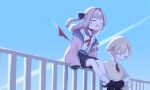  1boy 1girl blonde_hair brown_hair closed_eyes colored_inner_hair commentary_request demon_wings highres jacket kibimaro long_hair long_sleeves makaino_ririmu makaino_ririmu_(4th_costume) multicolored_hair necktie nijisanji pink_hair pink_jacket railing school_uniform serafuku shirt short_hair sky smile sweater_vest two-tone_hair two_side_up uzuki_kou uzuki_kou_(3rd_costume) virtual_youtuber white_shirt wings yellow_sweater_vest 