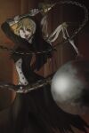  1girl ball_and_chain_(weapon) black_dress black_sclera blonde_hair blood blood_on_face boss_fight chain colored_sclera colored_skin commentary dress ender_lilies_quietus_of_the_knights english_commentary grey_skin guardian_siegrid highres holding holding_weapon looking_at_viewer nun red_eyes rerosero skeletal_wings solo torn_clothes torn_dress v-shaped_eyebrows veil weapon wings 