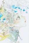  1girl 7na5go blue_eyes blush commentary_request earrings floating_hair from_side high_collar highres jewelry lineart lips looking_up original painting_(medium) solo traditional_media watercolor_(medium) white_hair 