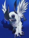  absol absurdres blue_background claws full_body highres mega_absol mega_pokemon no_humans one_eye_covered pokemon pokemon_(creature) pokemon_focus red_eyes reo_(mmocc123) shadow wings 