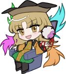  1girl :d black_boots blonde_hair blush boots brown_hat chibi chibi_only drum full_body green_skirt hat instrument long_hair long_sleeves looking_at_viewer matara_okina mirei_(miirei) open_mouth orange_tabard parted_bangs simple_background sitting skirt smile solo tabard touhou transparent_background wide_sleeves yellow_eyes 