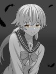  1girl absurdres black_feathers blue_archive bow bowtie commentary_request empty_eyes false_smile faust_(blue_archive) feathers greyscale hair_ornament hattorin hifumi_(blue_archive) highres looking_at_viewer monochrome sailor_collar school_uniform serafuku simple_background smile solo spot_color trinity_general_school_logo twintails wing_hair_ornament yandere yellow_eyes 