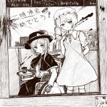  2girls absurdres arm_behind_back bandage_on_face bandages blood bow buttons capelet check_commentary closed_mouth collared_dress commentary_request contrast_collar crack cracked_glass dress galm_x_lmr_(ryonasa) hand_on_own_shoulder hat hat_bow highres long_sleeves maribel_hearn mechanical_arms medium_hair mob_cap monochrome multiple_girls open_mouth partially_translated photo_(object) ribbon-trimmed_collar ribbon_trim shirt shirt_tucked_in short_hair short_sleeves single_mechanical_arm sitting skirt smile socks standing touhou translation_request usami_renko wheelchair 