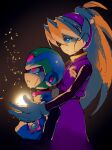  1boy 1girl absurdres android armor black_bodysuit blonde_hair blue_eyes blue_helmet bodysuit ciel_(mega_man) commentary copy_x_(mega_man) cradling crying damaged dark_background death from_side gloves head_hug helmet highres kneeling light_particles long_hair mechabare mechanical_eyes mega_man_(series) mega_man_zero_(series) parody pink_helmet red_eyes shyu_1014 streaming_tears tears white_gloves 