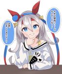 1girl blue_eyes blue_hairband commentary_request comomo ear_covers grey_hair grin hair_between_eyes hairband hand_on_own_chin headband highres horse_girl long_hair long_sleeves looking_at_viewer multicolored_hairband red_headband smile solo striped_clothes striped_hairband tamamo_cross_(casual)_(umamusume) tamamo_cross_(umamusume) translation_request two-tone_hairband umamusume 