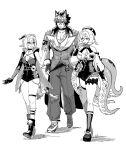  1boy 2girls animal_ear_fluff animal_ear_piercing animal_ears asymmetrical_shorts bare_shoulders beret black_hat black_horns black_jacket black_unitard breasts cleavage commentary_request detached_sleeves dog_boy dog_ears garter_straps goat_ears goat_girl goat_horns greyscale hair_between_eyes hat highres horns jacket knee_strap komano_manato large_breasts long_hair looking_at_another lucia_elowen medium_breasts mole mole_under_mouth monochrome multiple_girls multiple_scars open_mouth pointy_ears popochi_fuwa scar scar_on_chest scar_on_face shirt short_hair simple_background single_garter_strap single_thighhigh spiked_jacket suction_cups tentacle_girl tentacle_tail tentacles thighhighs white_background white_shirt yidhari_murphy zenless_zone_zero 