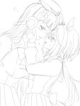  2girls animal_ears averting_eyes blunt_bangs blush bow breast_size_difference breasts chest_bow commentary ear_bow ear_covers ears_down embarrassed flying_sweatdrops gold_ship_(red_strife)_(umamusume) gold_ship_(umamusume) hair_between_eyes hand_on_another's_cheek hand_on_another's_face highres horse_ears horse_girl horse_tail large_breasts lineart long_hair long_sleeves looking_at_another low_ponytail mkmk817999 multiple_girls open_mouth pillbox_hat pleated_skirt ponytail puff_of_air school_uniform serafuku size_difference sketch skirt sleeveless stay_gold_(umamusume) sweatdrop tail tail_bow tail_ornament tracen_school_uniform umamusume very_long_hair yuri 