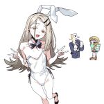  1boy 2girls animal_ears behalter blonde_hair commentary double_v flat_chest fujita_kotone gakuen_idolmaster idolmaster leotard long_hair looking_at_viewer multiple_girls orange_eyes p-head_producer playboy_bunny producer_(idolmaster) rabbit_ears shinosawa_hiro skinny smile suit v white_leotard 