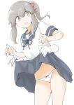  1girl akara_kai blue_sailor_collar blue_skirt blush brown_eyes clothes_lift commentary_request grey_hair hair_ribbon highres kantai_collection lifted_from_behind long_hair looking_at_viewer pleated_skirt ponytail red_ribbon ribbon sailor_collar school_uniform serafuku shirt sidelocks skirt skirt_lift solo usugumo_(kancolle) white_background 