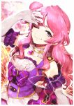  1girl ;) aikatsu!_(series) aikatsu_friends! blue_eyes bow brooch bug butterfly center_frills chono_maika closed_mouth commentary_request detached_sleeves frills hair_bun hand_up hitoto idol_clothes jewelry long_hair looking_at_viewer one_eye_closed pink_hair purple_bow single_side_bun smile solo upper_body 