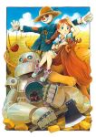  1girl animal axe blue_eyes brown_hair commentary_request cowardly_lion dog dorothy_gale dress hat holding holding_axe lion looking_afar outstretched_arms parted_lips robot scarecrow scarecrow_(the_wizard_of_oz) spread_arms straw_hat terrier_(dog) the_wizard_of_oz tin_man_(the_wizard_of_oz) toto_(the_wizard_of_oz) white_dress yamanashi_shuntarou yellow_brick_road 