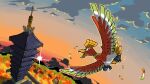  beak bird blacknirrow cloud commission flying highres ho-oh morning no_humans open_mouth pokemon pokemon_(creature) pokemon_heartgold_and_soulsilver rainbow_feather_(pokemon) red_eyes sky talons tower wings 