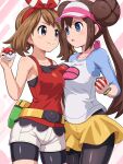  2girls absurdres bare_shoulders bike_shorts bike_shorts_under_shorts black_pantyhose blue_eyes blush bow bow_hairband breast_press breasts brown_hair closed_mouth collarbone commentary donut_hair_bun double_bun fanny_pack hair_bun hairband hat highres holding holding_poke_ball large_breasts long_hair looking_at_another may_(pokemon) multiple_girls pantyhose pantyhose_under_shorts poke_ball poke_ball_(basic) poke_ball_print pokemoa pokemon pokemon_black_2_and_white_2 pokemon_omega_ruby_and_alpha_sapphire purple_eyes raglan_sleeves red_bow red_shirt rosa_(pokemon) shirt shorts shorts_under_shorts sleeveless smile symmetrical_docking twintails visor_cap yellow_shorts 