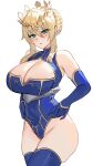  1girl absurdres artoria_pendragon_(fate) artoria_pendragon_(lancer)_(fate) bare_shoulders blonde_hair blue_gloves blue_leotard blue_thighhighs blush breasts cleavage commentary cowboy_shot elbow_gloves fate/grand_order fate_(series) gloves green_eyes hair_between_eyes highres huge_breasts leotard looking_at_viewer marumai medium_hair parted_lips sidelocks simple_background solo thighhighs thighs white_background 