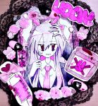  1girl animal_ears bandage_on_face bandages black_jacket blood bow character_name collared_shirt commentary flower hair_between_eyes hand_on_own_head haruka_yoppa heart highres jacket long_hair long_sleeves mismatched_pupils necktie needle open_mouth photo_(medium) pill pink_bow pink_flower pink_necktie pink_rose purple_eyes purple_hair rabbit rabbit_ears rabbit_girl reisen_udongein_inaba rose shirt solo sweat television touhou traditional_media translation_request white_shirt x_x 