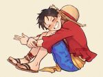  1boy anklet black_hair blue_shorts blush bracelet chunafishy commentary english_commentary facing_viewer from_side grin happy hat_on_back jewelry knees_to_chest male_focus monkey_d._luffy multiple_anklets multiple_bracelets one_piece open_clothes open_shirt red_shirt scar scar_on_cheek scar_on_face shirt shorts simple_background sitting smile solo 