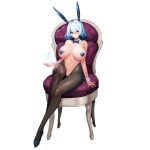  1girl animal_ears areolae bow bowtie breasts brown_legwear chair cleavage crossed_legs detached_collar full_body hair_between_eyes high_heels highres huge_breasts ice last_origin light_blue_hair navel official_art pantyhose pasties playboy_bunny rabbit_ears red_eyes sitting snowball22 solo tachi-e titania_frost transparent_background wrist_cuffs 