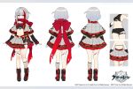  1girl admiral_graf_spee_(azur_lane) admiral_graf_spee_(world&#039;s_cutest)_(azur_lane) asymmetrical_legwear azur_lane back_bow black_footwear blue_eyes boots bow byulzzi capelet detached_sleeves grey_skirt hair_ornament leg_belt lightning_bolt_hair_ornament lightning_bolt_symbol medium_hair midriff miniskirt multicolored_hair multiple_views official_alternate_costume official_art red_bow red_hair red_scarf scarf scarf_over_mouth shorts shorts_under_skirt side_slit sketch skirt streaked_hair two-tone_hair 