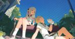  1boy 1girl absurdres alamp ball blonde_hair bow brown_hair chain-link_fence colored_inner_hair commentary_request fence hair_bow highres long_hair makaino_ririmu multicolored_hair nijisanji on_bench pink_hair plastic_bottle pointy_ears racket short_hair sitting sportswear tennis_ball tennis_racket tennis_uniform two-tone_hair two_side_up uzuki_kou virtual_youtuber 