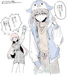  2girls animal_hood bang_dream! bang_dream!_it's_mygo!!!!! blue_jacket blush brown_sweater chihaya_anon commentary_request dress fang grey_dress highres holding hood jacket long_hair multiple_girls open_mouth penguin_hood pinafore_dress pink_eyes pink_hair plaid_clothes plaid_dress simple_background sleeveless sleeveless_dress smile speech_bubble suudori sweater takamatsu_tomori translation_request white_background 