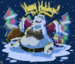  anthro belly big_belly bovid caprine christmas christmas_tree clothing costume english_text fur goat hi_res holidays horn male mammal moobs overweight overweight_anthro overweight_male plant santa_costume snow solo syc text tree white_body white_fur 