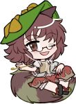  1girl :d ;d animal_ears bell black_sandals bloomers blush brown-framed_eyewear brown_eyes brown_hair brown_shirt brown_skirt chibi chibi_only full_body futatsuiwa_mamizou green_hat hand_up hat holding holding_smoking_pipe jingle_bell leaf leaf_on_head looking_at_viewer mirei_(miirei) okobo one_eye_closed open_mouth pince-nez platform_sandals raccoon_ears raccoon_girl raccoon_tail sandals semi-rimless_eyewear shirt short_hair short_sleeves simple_background sitting sitting_on_own_tail skirt smile smoking_pipe solo tail touhou transparent_background under-rim_eyewear white_bloomers 