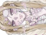  1girl aegyo_sal bandage_on_face bandages bandaid bandaid_on_face blonde_hair caru_c1 closed_mouth commentary drawn_ears drawn_whiskers ear_piercing eyepatch fingernails hair_ornament hairclip highres jewelry long_hair looking_at_viewer multiple_rings nail_art original piercing pink_eyes pink_nails portrait print_eyepatch ring sharp_fingernails sideways simple_background solo sticker sticker_on_face twintails twitter_username untranslatable_commentary white_background 