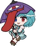  1girl :p blue_eyes blue_hair blue_skirt blue_vest blush brown_sandals chibi chibi_only closed_mouth full_body geta heterochromia holding holding_umbrella juliet_sleeves karakasa_obake long_sleeves looking_at_viewer mirei_(miirei) puffy_sleeves purple_umbrella red_eyes sandals shirt short_hair simple_background skirt skirt_set smile solo standing standing_on_one_leg tatara_kogasa tongue tongue_out touhou transparent_background umbrella vest white_shirt 