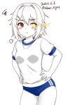  1girl blue_buruma brown_eyes buruma commentary_request dated furutaka_(kancolle) glowing gym_shirt gym_uniform hands_on_own_hips heterochromia highres kantai_collection lineart pout shirt short_hair solo spot_color squiggle t-shirt tasogare_yanio twitter_username white_shirt yellow_eyes 