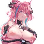  1girl absurdres arknights arknights:_endfield arm_under_breasts bare_shoulders blue_eyes breasts closed_mouth commentary cone_hair_bun cropped_jacket double_bun hair_bun highres horns inverted_nipples jacket lamb_ovis large_breasts long_hair looking_at_viewer nipples open_clothes open_jacket pink_hair pink_jacket pointy_ears smile solo sweat topless_female twintails very_long_hair yvonne_(arknights) 