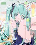 1girl absurdres aqua_eyes aqua_hair aqua_necktie black_skirt black_sleeves folded grey_shirt hatsune_miku highres kou_koufu looking_at_viewer necktie open_mouth pleated_skirt shirt sitting skirt sleeveless sleeveless_shirt solo thighs twintails vocaloid 