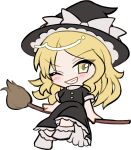  1girl black_dress black_hat blonde_hair blush bow broom broom_riding buttons chibi chibi_only dress frilled_dress frills full_body grin hat hat_bow kirisame_marisa kirisame_marisa_(pc-98) long_dress long_hair looking_at_viewer mirei_(miirei) no_shoes one_eye_closed short_sleeves simple_background sitting smile socks solo touhou touhou_(pc-98) transparent_background v-shaped_eyebrows white_bow white_socks witch_hat yellow_eyes 
