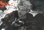  1boy artist_name beard bird black_coat blue_eyes bullet chinese_commentary closed_mouth coat commentary_request crow dog_tags facial_hair grey_theme igor_(reverse:1999) male_focus mature_male old old_man portrait red_scarf redsakaone reverse:1999 scar scar_across_eyebrow scar_on_face scarf short_hair solo white_hair 
