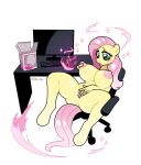 2026 absurd_res anthro big_breasts blackshirtboy blush breasts chair computer_keyboard computer_monitor digital_media_(artwork) equid equine female fluttershy_(mlp) friendship_is_magic furniture genitals green_eyes hair hand_on_breast hasbro hi_res horse implied_transformation looking_down magic mammal masturbation my_little_pony nipples nude on_chair pink_hair pony sitting solo sparkles spread_legs spreading tail vaginal vaginal_masturbation vulva yellow_body
