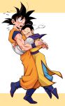  1boy 1girl arms_around_another's_back bare_arms black_eyes black_hair blue_boots blush boots bracelet breasts chi-chi_(dragon_ball) china_dress chinese_clothes commentary_request couple dougi dragon_ball dragon_ball_z dress eyelashes from_side hair_bun hair_pulled_back hair_slicked_back hand_on_another's_hip hands_on_another's_neck hetero high_collar highres hug jewelry looking_at_another loose_hair_strand medium_breasts muscular muscular_male neckerchief open_mouth parted_lips pectorals profile purple_neckerchief simple_background single_hair_bun sleeveless sleeveless_dress son_goku spiked_hair surprised sweatdrop two-tone_background undershirt upper_body white_background yellow_dress yonaka_ma12kara 