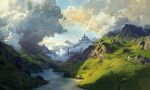  absurdres cloud cloudy_sky commentary day english_commentary grass highres hill landscape mountainous_horizon no_humans original outdoors painterly painting_(medium) philipp_urlich reflection reflective_liquid river rock scenery signature sky sunlight traditional_media water white_sky 