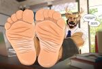 5_toes accessory anthro antlers arm_hair barefoot beard black_clothing black_eyes black_facial_hair blue_eyes body_hair book bottomwear brown_body brown_eyes brown_fur clothed clothing countershading crossed_arms deer desk dialogue english_text facial_hair feet flufflecraft foot_fetish foot_focus fur furniture hair hi_res horn humanoid_feet inside looking_at_viewer male male_anthro mammal mature_male multicolored_body mustache necktie office pants plantigrade shirt sitting smile soles solo speech_bubble table talking_to_viewer tan_body teacher text toes topwear white_clothing white_shirt white_topwear wrinkled_feet wrinkles