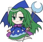  1girl blue_dress blue_hat blue_wings blush bow cape chibi chibi_only closed_mouth crescent dress frilled_dress frills full_body ghost_tail green_eyes green_hair hair_between_eyes hair_bow hat holding holding_staff long_hair long_sleeves looking_at_viewer mima_(touhou) mirei_(miirei) purple_cape simple_background smile solo staff story_of_eastern_wonderland touhou touhou_(pc-98) transparent_background white_bow wings wizard_hat 