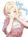  1girl :d blonde_hair braid braided_bangs commentary dress grin half-closed_eyes hands_on_own_cheeks hands_on_own_face happy_birthday highres looking_at_viewer love_live! love_live!_nijigasaki_high_school_idol_club medium_hair miyashita_ai mochi_(znkn4524) orange_eyes pink_dress request_for_u simple_background smile solo upper_body white_background 