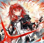  1girl absurdres apple arknights black_gloves black_jacket chinese_commentary closed_mouth commentary_request detached_wings exusiai_(arknights) exusiai_the_new_covenant_(arknights) fingerless_gloves food fruit glint gloves halo hand_up highres holding holding_food holding_fruit jacket long_sleeves looking_at_viewer medium_hair one_side_up red_hair shirt smile solo traditional_halo upper_body w white_shirt wings xiangchizhubijin yellow_eyes 