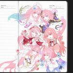  6+girls ;) absurdres aqua_hair beret black_shrug bloom_poetry_(shining_nikki) blue_eyes breasts chinese_commentary color_connection commentary_request corset cyrene_(demiurge)_(honkai:_star_rail) cyrene_(honkai:_star_rail) diamond-shaped_pupils diamond_(shape) dress elf elysia_(honkai_impact) flower forget-me-not_(flower) gloves hair_color_connection hair_flower hair_ornament hat highres honkai:_star_rail honkai_(series) honkai_impact_3rd hyurns large_breasts lily_of_the_valley long_hair march_7th_(honkai:_star_rail) medium_breasts multicolored_eyes multiple_girls multiple_persona nikki_(nikki) nikki_(series) one_eye_closed orchid phalaenopsis pink_flower pink_hair pink_rose pink_tulip pointy_ears purple_eyes red_flower red_rose rose shining_nikki shirt shrug_(clothing) smile symbol-shaped_pupils tulip two-tone_eyes very_long_hair voice_actor_connection white_corset white_dress white_gloves white_hair white_shirt 