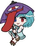  1girl :p blue_eyes blue_hair blue_skirt blue_vest blush brown_sandals chibi chibi_only closed_mouth full_body geta heterochromia holding holding_umbrella juliet_sleeves karakasa_obake long_sleeves looking_at_viewer mirei_(miirei) puffy_sleeves purple_umbrella red_eyes sandals shirt short_hair simple_background skirt skirt_set smile solo standing standing_on_one_leg tatara_kogasa tongue tongue_out touhou transparent_background umbrella vest white_shirt 