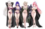  4girls :i aemeath_(wuthering_waves) ahoge alternate_breast_size_(larger) armpits arms_up bare_legs bare_shoulders black_shoes blush bra breasts cleavage closed_mouth coat collarbone colored_eyelashes commentary cowboy_shot earrings embroidered_bra embroidered_panties floral_print full_body green_bra green_panties hair_between_eyes hair_ornament hair_tie_in_mouth hands_up high_heels highres hiyuki_(wuthering_waves) holding holding_stuffed_toy huge_breasts jewelry large_breasts legs lineup long_hair looking_at_viewer lucilla_(wuthering_waves) lynae_(wuthering_waves) m_(1n910) merchandise_available mole mole_under_eye mouth_hold multi-strapped_panties multiple_girls navel off_shoulder open_mouth orange_eyes panties pink_hair ponytail purple_bra purple_eyes purple_hair purple_panties red_eyes shoes simple_background skull_hair_ornament smile solo standing star-shaped_pupils star_(symbol) star_earrings stomach stuffed_animal stuffed_cat stuffed_toy symbol-shaped_pupils tacet_mark_(wuthering_waves) tachi-e thigh_gap thighs underwear underwear_only very_long_hair white_background white_bra white_eyelashes white_hair white_shoes wuthering_waves 