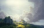  absurdres cliff cloud cloudy_sky day grass highres hill landscape no_humans original outdoors painterly painting_(medium) philipp_urlich river scenery signature sky sunlight traditional_media tree white_sky 