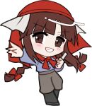  1girl black_boots blue_shirt blunt_bangs blush boots bow bowtie braid brown_eyes brown_hair brown_pants chibi chibi_only ex-rika full_body grin hair_bow hat long_hair long_sleeves looking_at_viewer mirei_(miirei) outstretched_arm pants red_bow red_bowtie red_hat rika_(touhou) shirt simple_background smile solo standing touhou touhou_(pc-98) transparent_background twin_braids v-shaped_eyebrows 