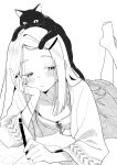  1girl :t absurdres animal_on_head ass barefoot blush camisole cat collarbone commentary_request feet_up furutami_akira gakuen_idolmaster greyscale hand_on_own_cheek hand_on_own_face highres idolmaster lying mechanical_pencil monochrome on_head on_stomach pencil robe shinosawa_hiro simple_background soles solo white_background 